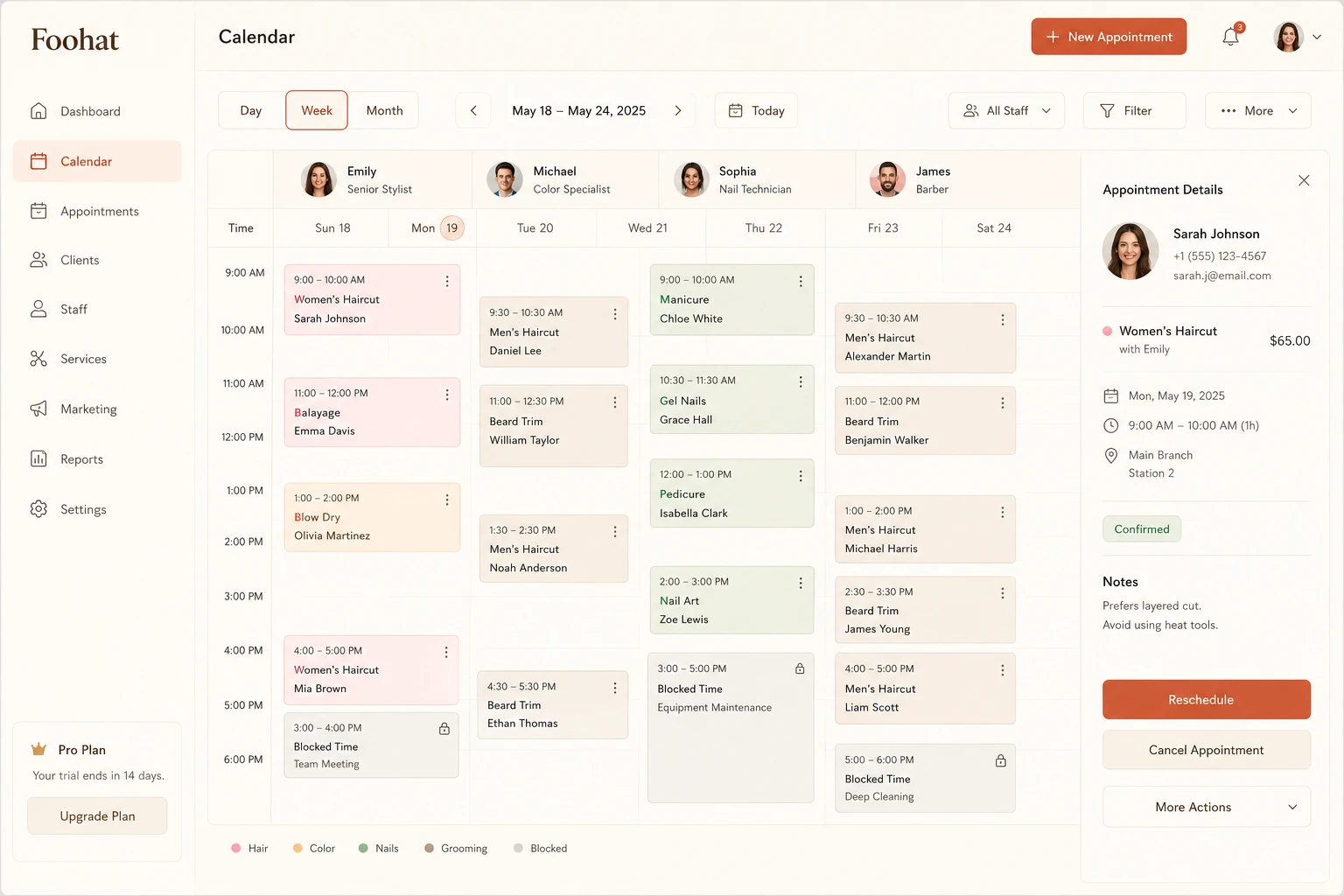 Unified Calendar Management with drag-and-drop scheduling, staff columns, and real-time booking management in Foohat software